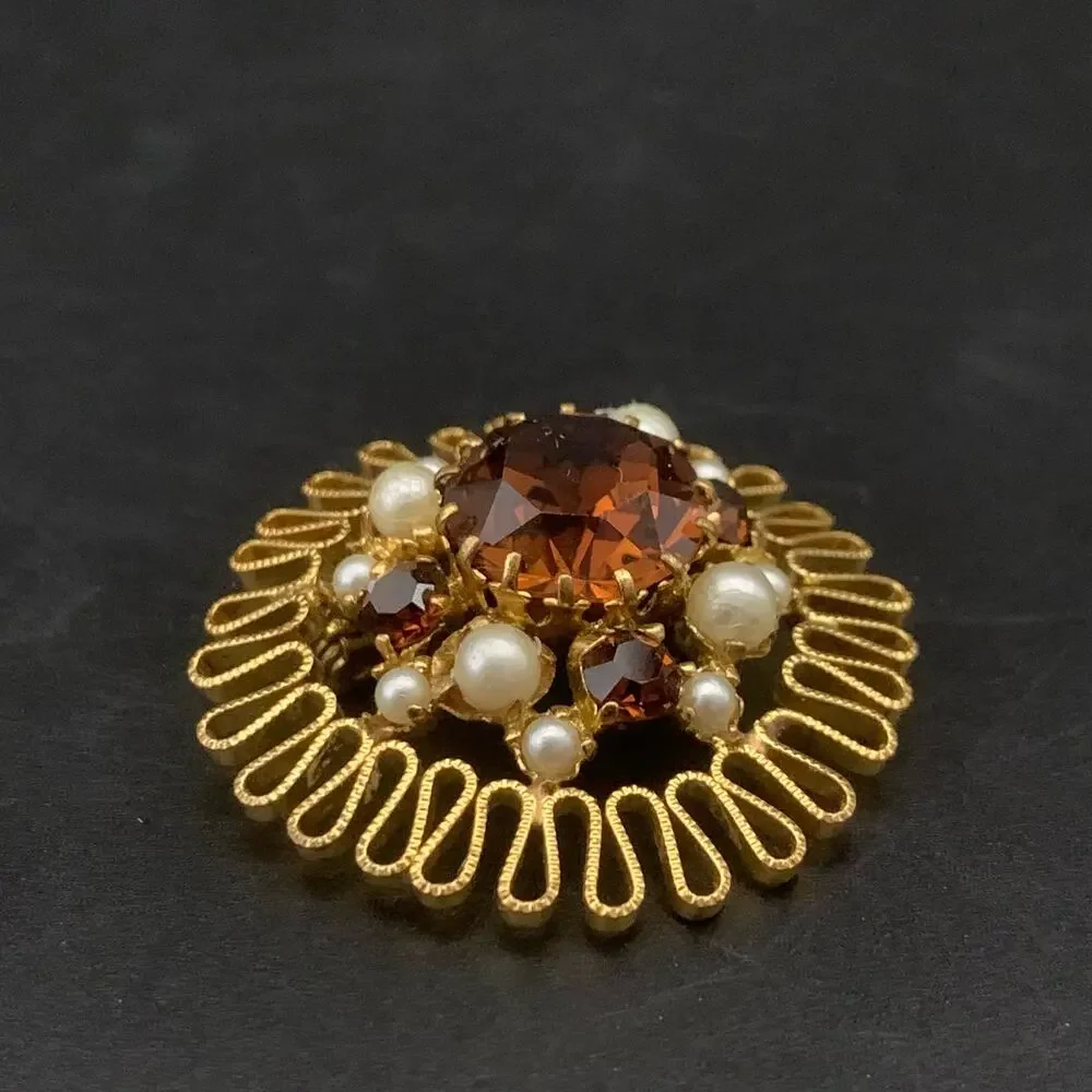 Vintage Austrian Crystal Brooch Pin Made In Austria Smokey Amber Brown Crystal
